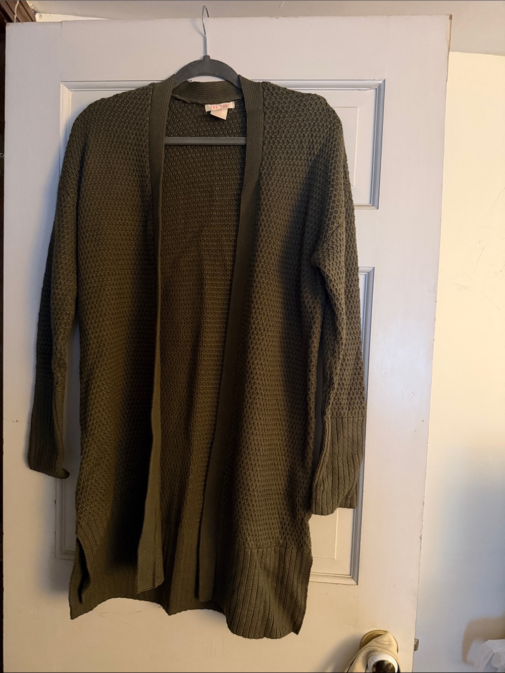 Open-Front Knit Cardigan Sweater in Olive Green